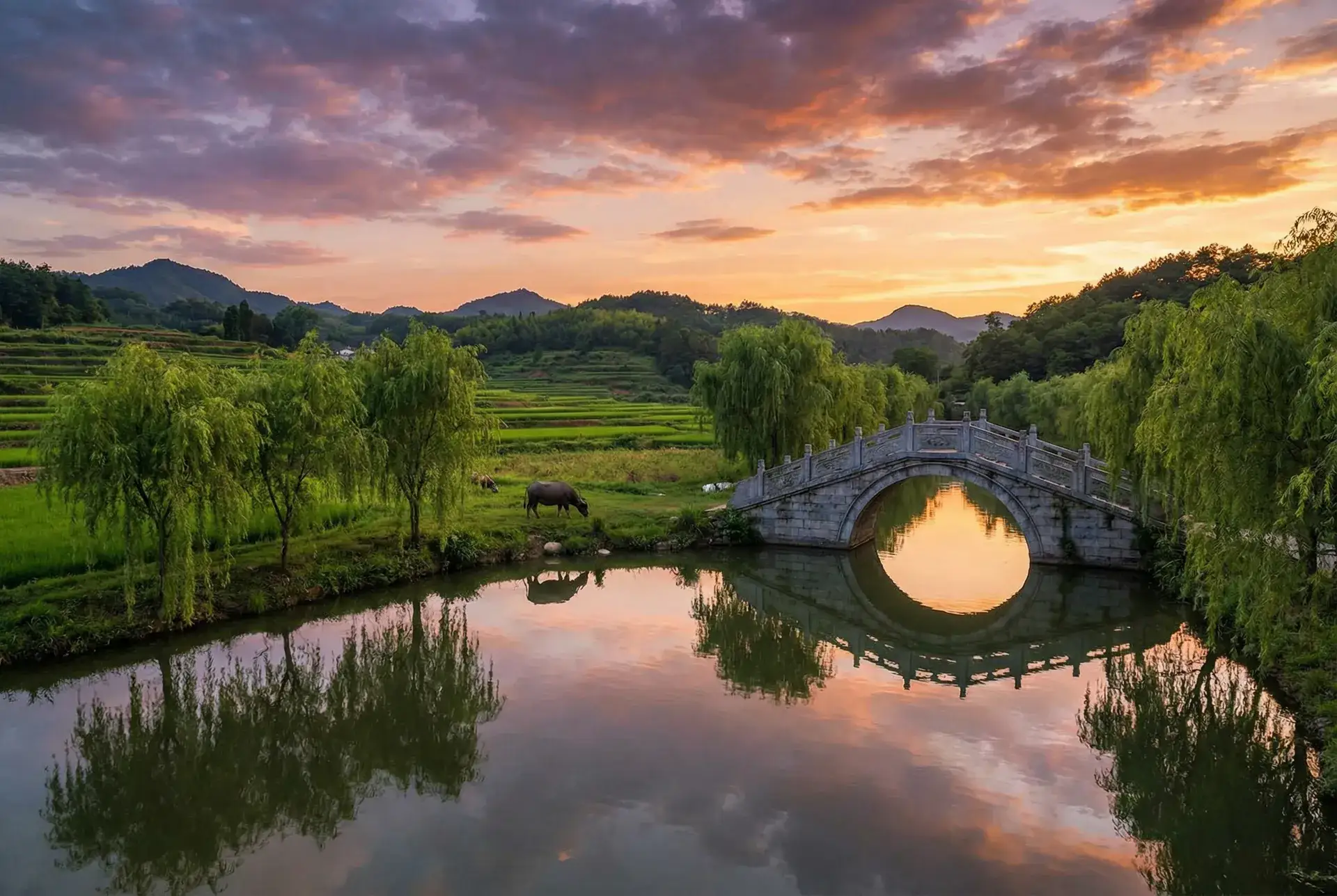 夕阳下的石拱桥与垂柳，水牛在河边吃草 - 37大但人文艺术 乡村美景